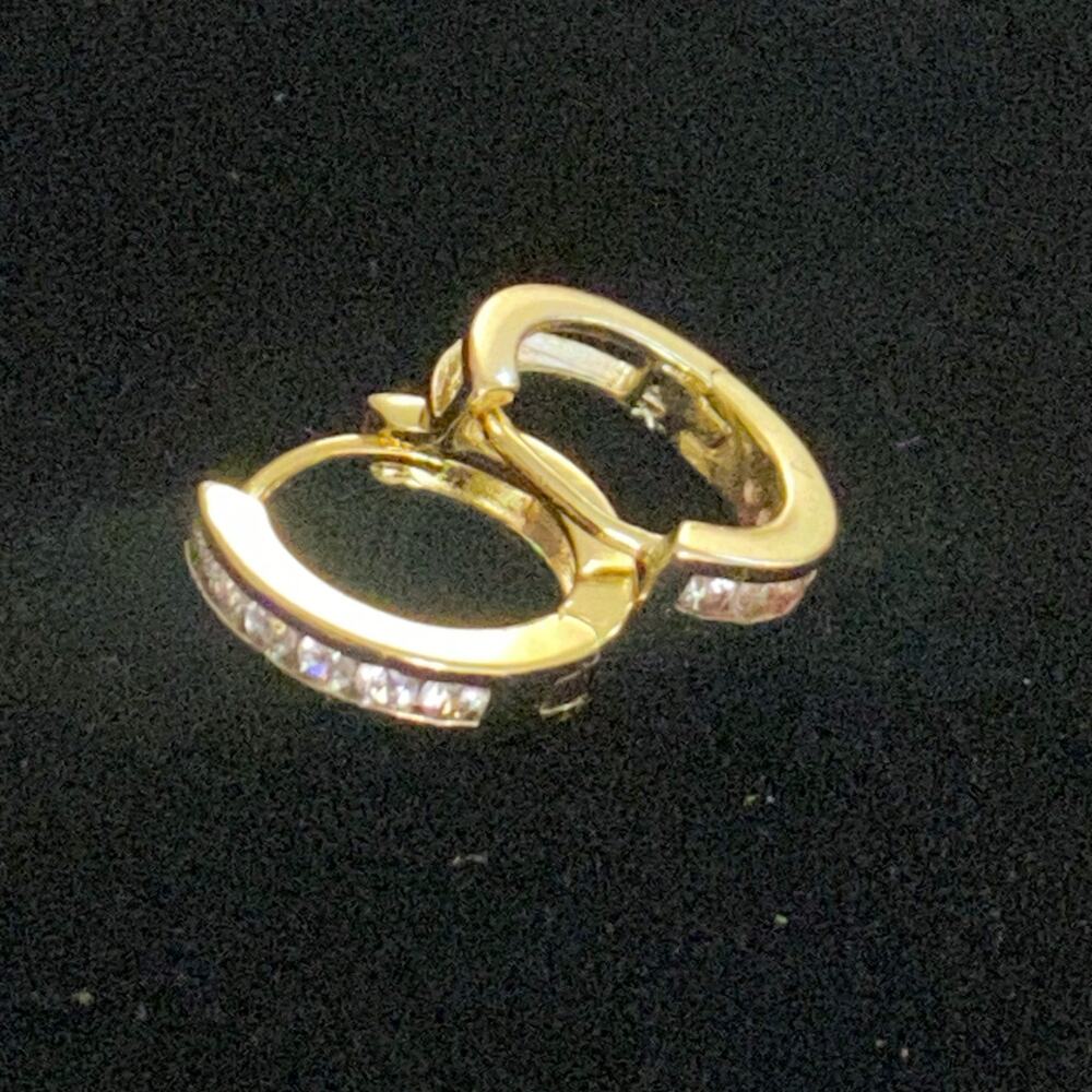 Classy Tiny Gold Tone CZ Channel Set Huggie Hoop Earrings Unsigned 1/2" long
